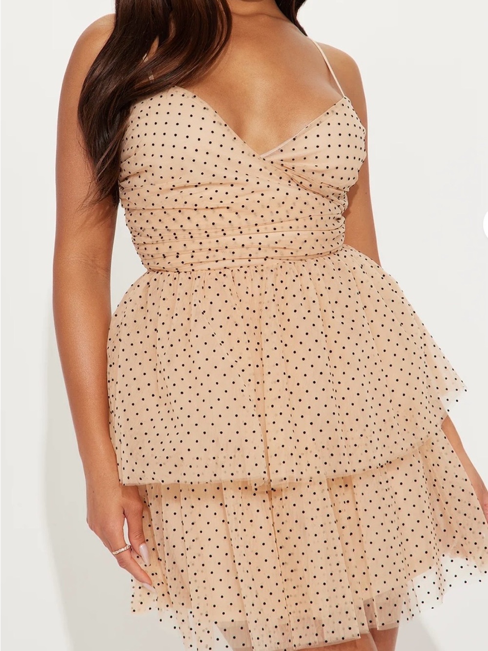 Fashion Nova Beige Polka Dot Tiered Mini Dress